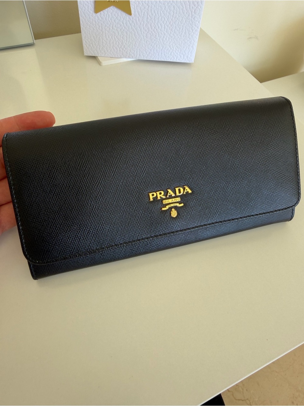 Prada Black Saffiano Leather Continental Wallet with Gold Logo